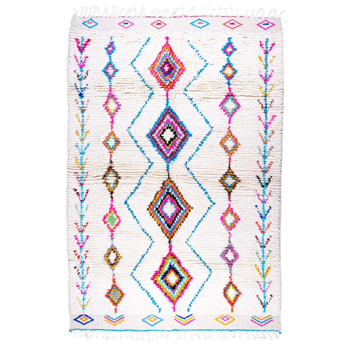 White Moroccan Beni Ourain Wool Rug with Colorful Diamond and Geometric Patterns