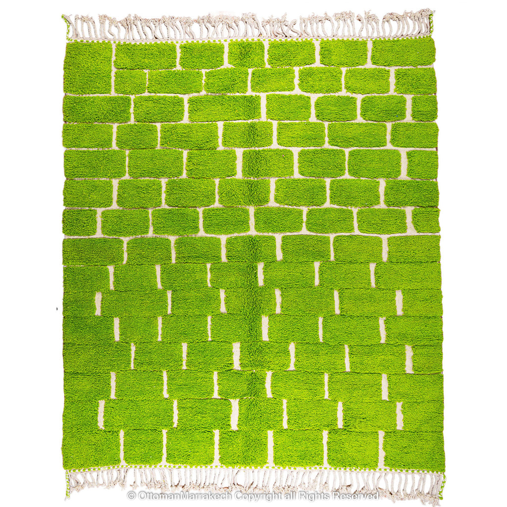 Bright Green Beni Ourain Moroccan Wool Rug – Brick Pattern Design