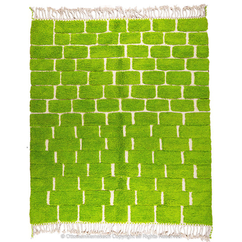 Bright Green Moroccan Wool Rug – Brick Pattern Design