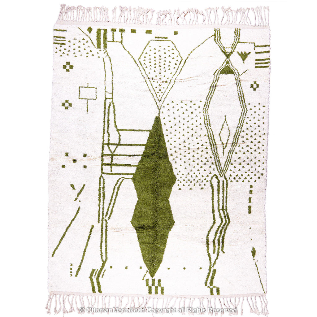 Green and White Moroccan Wool Rug with Abstract Desert and Cactus Motifs