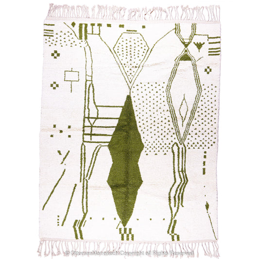 Green and White Moroccan Wool Rug with Abstract Desert and Cactus Motifs