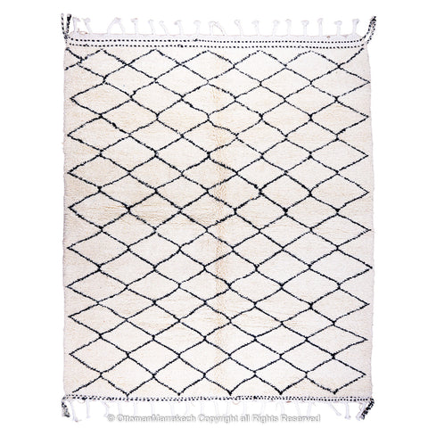 Timeless Moroccan Wool Rug with Black Diamond Lattice Design