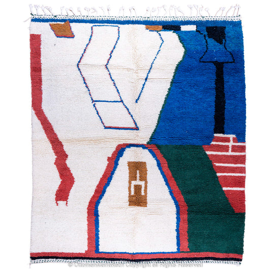 Abstract Moroccan Wool Rug with Blue, Green, and Red Geometric Patterns