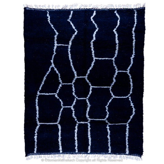 Midnight Black Moroccan Rug with White Cracked Land Design