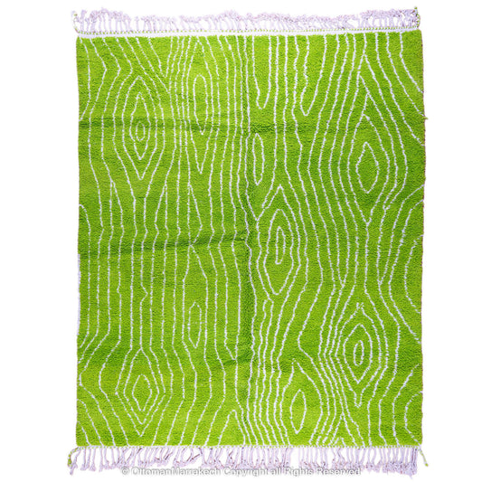 Bright Green Moroccan Rug with Tree Trunk-Inspired White Patterns