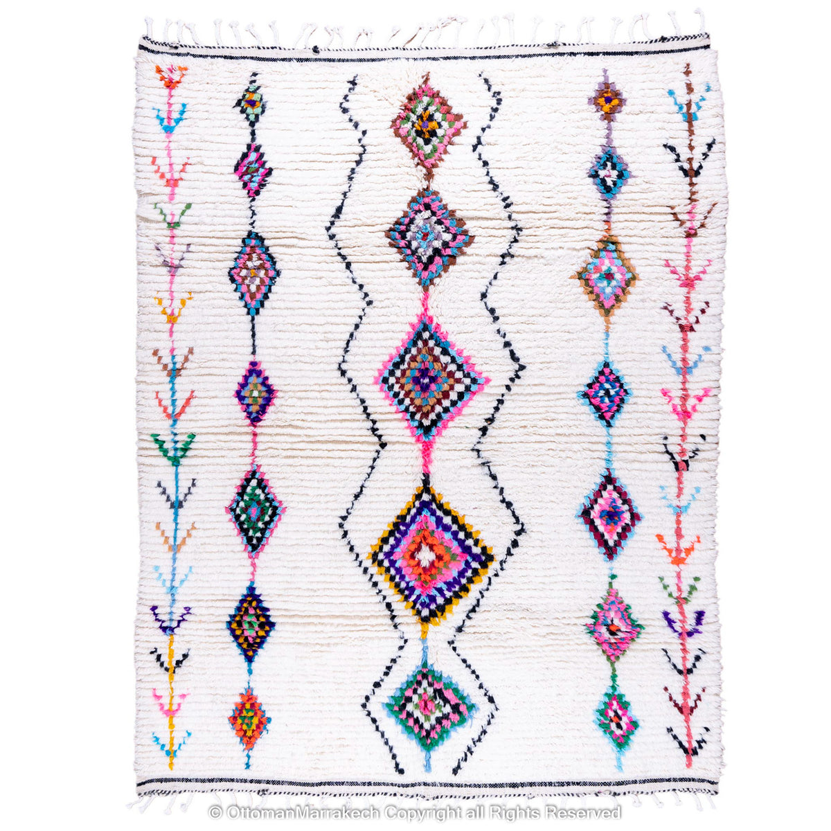 White Moroccan Wool Rug with Colorful Checkered Diamond and Plant Motifs