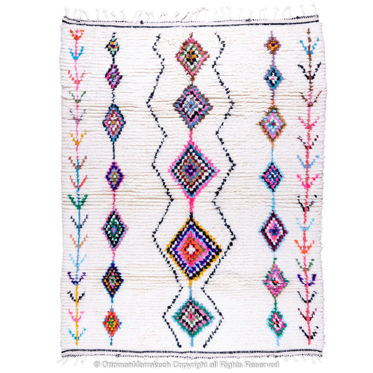 White Moroccan Wool Rug with Colorful Checkered Diamond and Plant Motifs