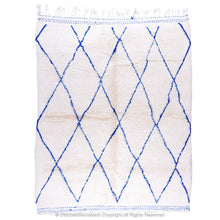 Load image into Gallery viewer, White Beni Ourain Moroccan Wool Rug with Blue Diamond Lattice Pattern