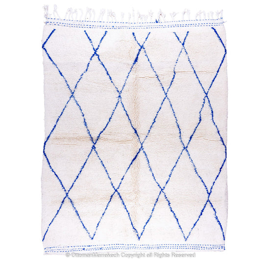 White Beni Ourain Moroccan Wool Rug with Blue Diamond Lattice Pattern