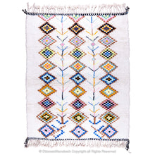 Load image into Gallery viewer, White Moroccan Wool Rug with Colorful Diamond and Tree Motifs