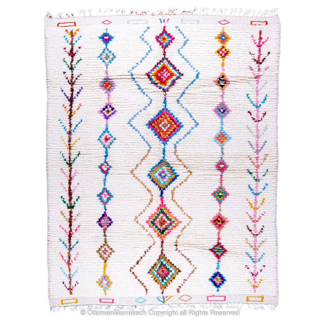 White Moroccan Wool Rug with Colorful Diamond and Desert Motifs