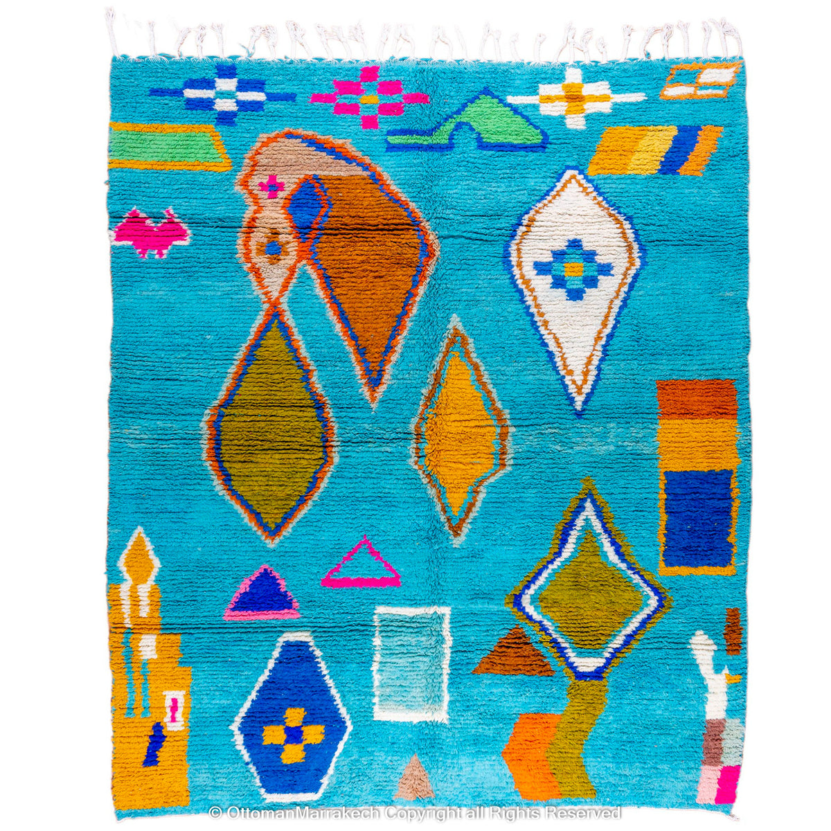 Sky Blue Moroccan Wool Rug with Colorful Geometric and Abstract Motifs