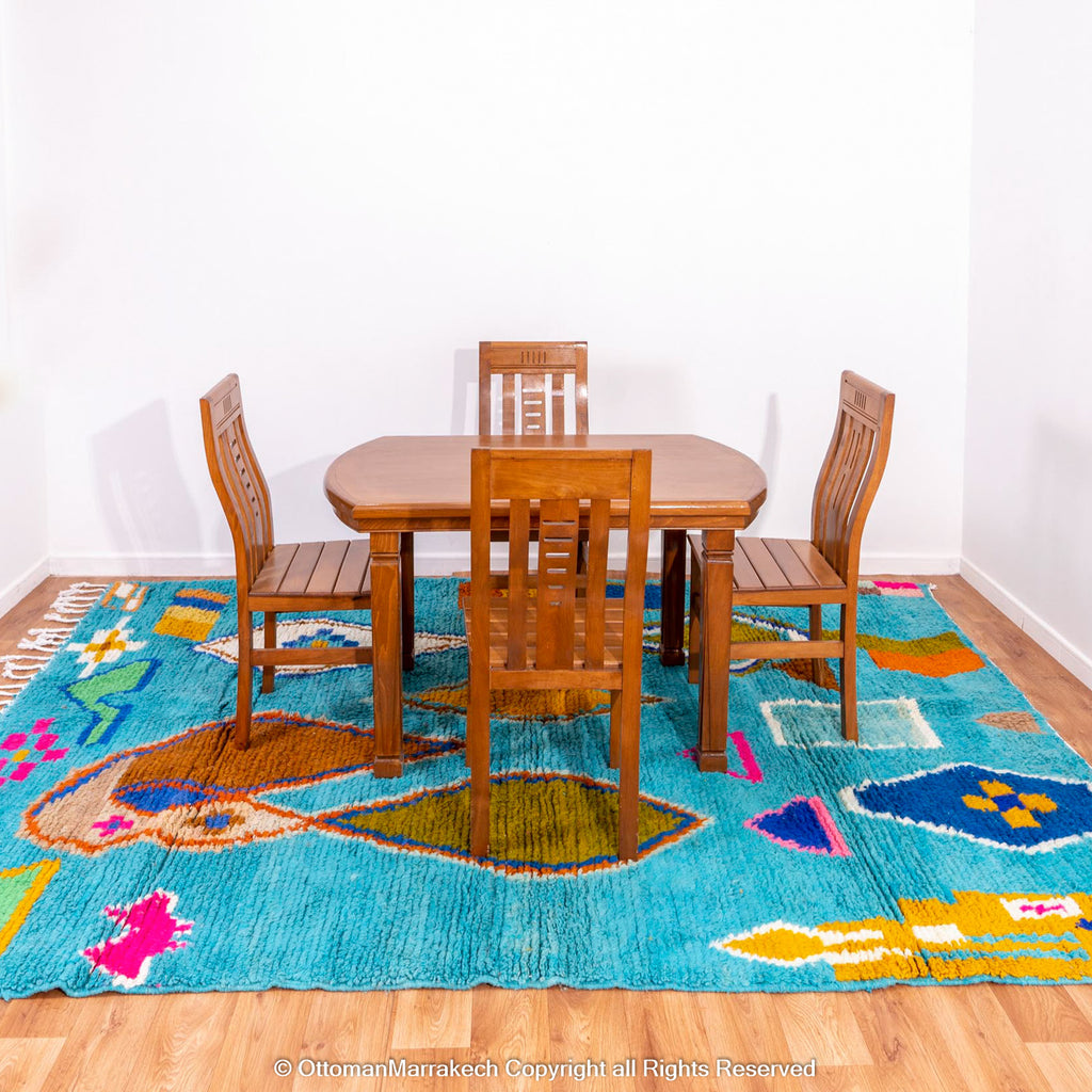 Sky Blue Moroccan Wool Rug with Colorful Geometric and Abstract Motifs