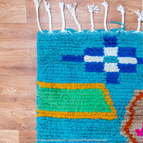 Sky Blue Moroccan Wool Rug with Colorful Geometric and Abstract Motifs