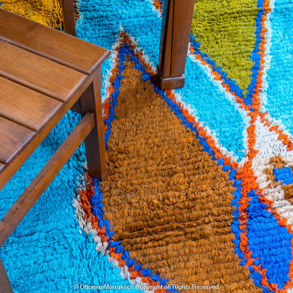 Sky Blue Moroccan Wool Rug with Colorful Geometric and Abstract Motifs