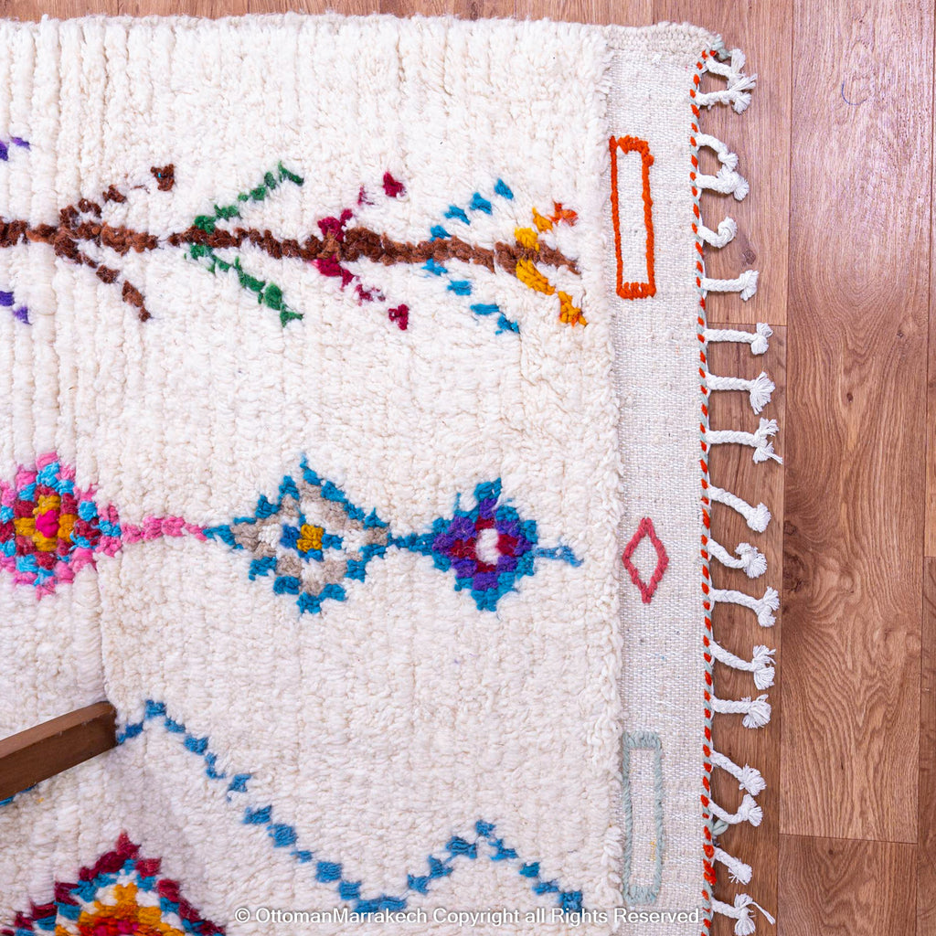 White Moroccan Wool Rug with Colorful Diamond and Desert Motifs