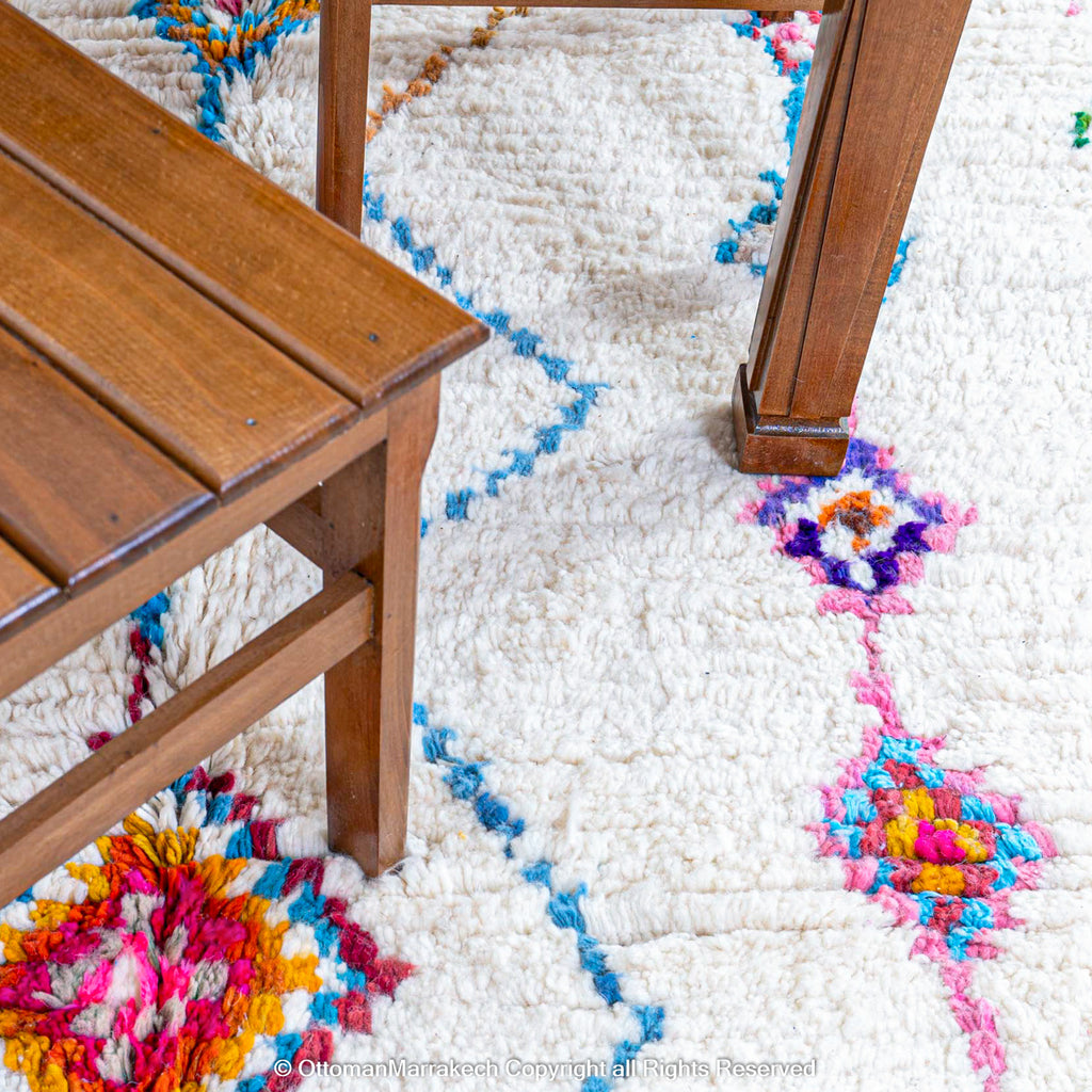 White Moroccan Wool Rug with Colorful Diamond and Desert Motifs