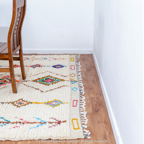 White Moroccan Wool Rug with Colorful Diamond and Desert Motifs