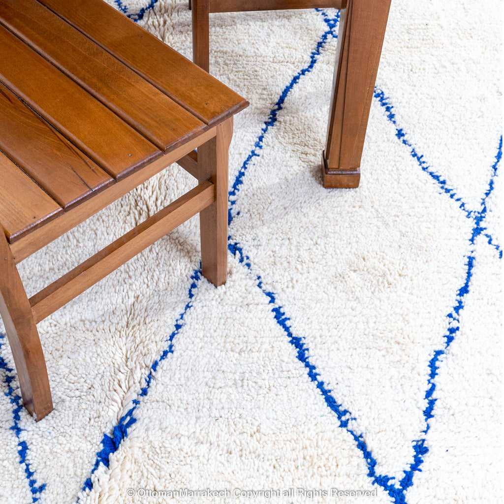 White Beni Ourain Moroccan Wool Rug with Blue Diamond Lattice Pattern