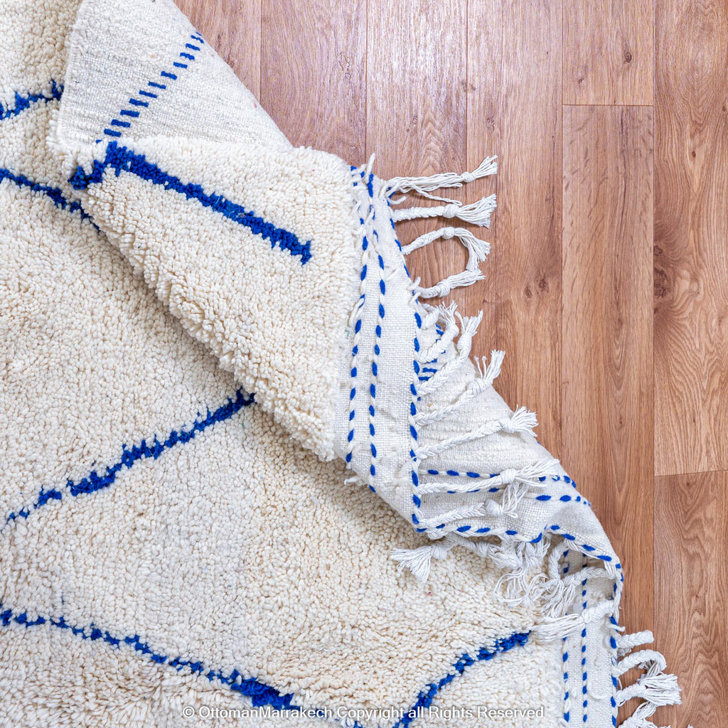 White Beni Ourain Moroccan Wool Rug with Blue Diamond Lattice Pattern