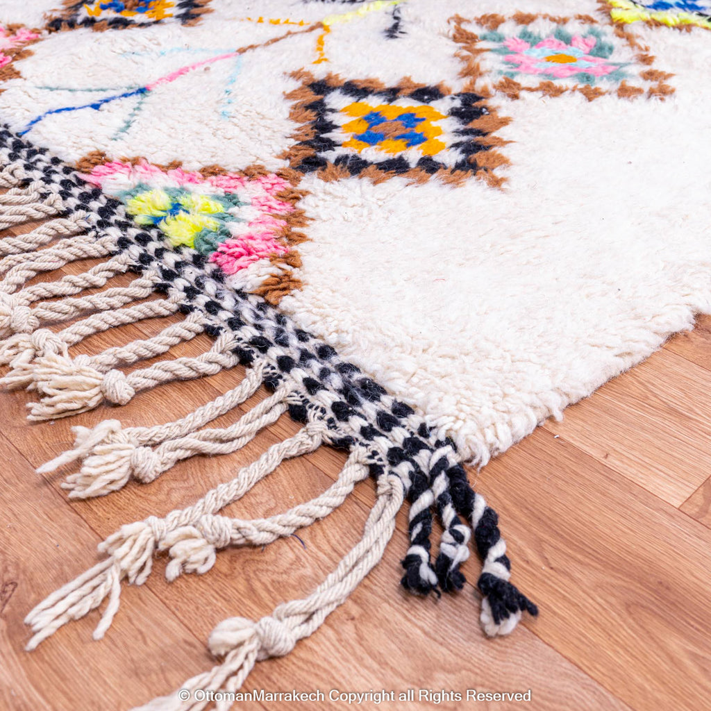 White Moroccan Wool Rug with Colorful Diamond and Tree Motifs