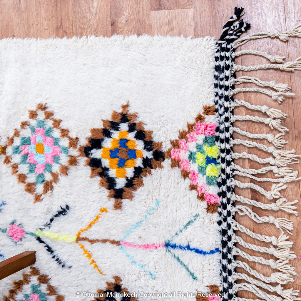 White Moroccan Wool Rug with Colorful Diamond and Tree Motifs