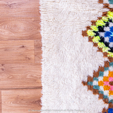 White Moroccan Wool Rug with Colorful Diamond and Tree Motifs