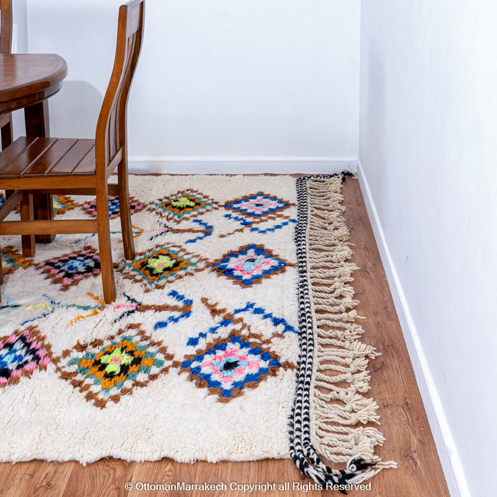 White Moroccan Wool Rug with Colorful Diamond and Tree Motifs