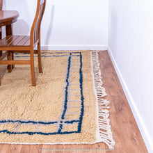 Load image into Gallery viewer, Moroccan Derby Elegance Rug – Soft Beige with Double Cobalt &amp; Selago Lines