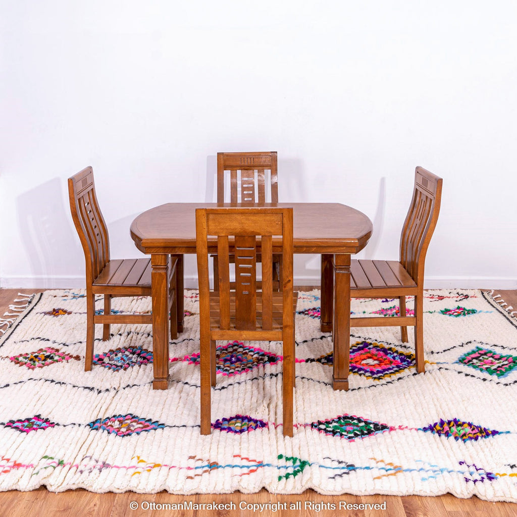 White Moroccan Wool Rug with Colorful Checkered Diamond and Plant Motifs