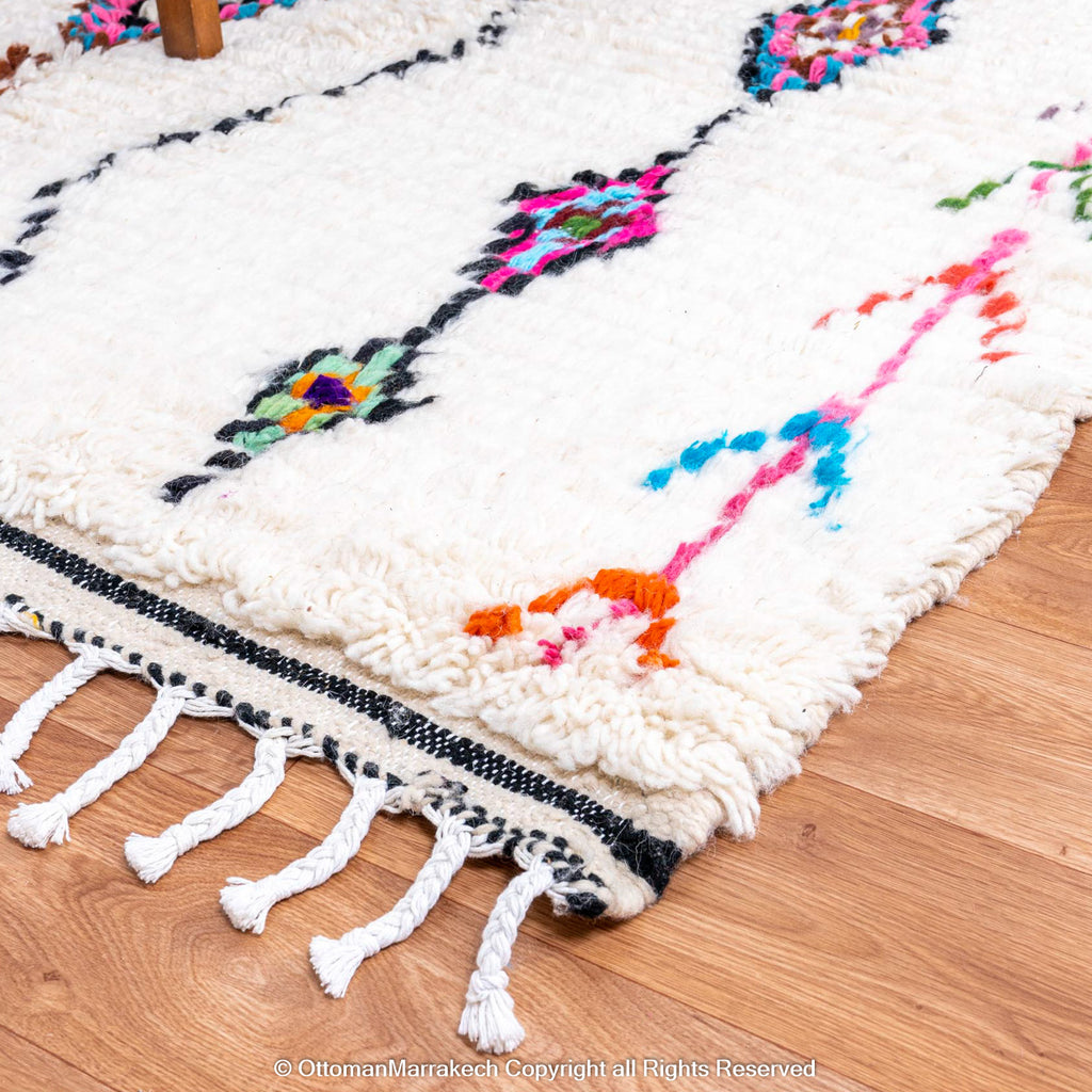 White Moroccan Wool Rug with Colorful Checkered Diamond and Plant Motifs