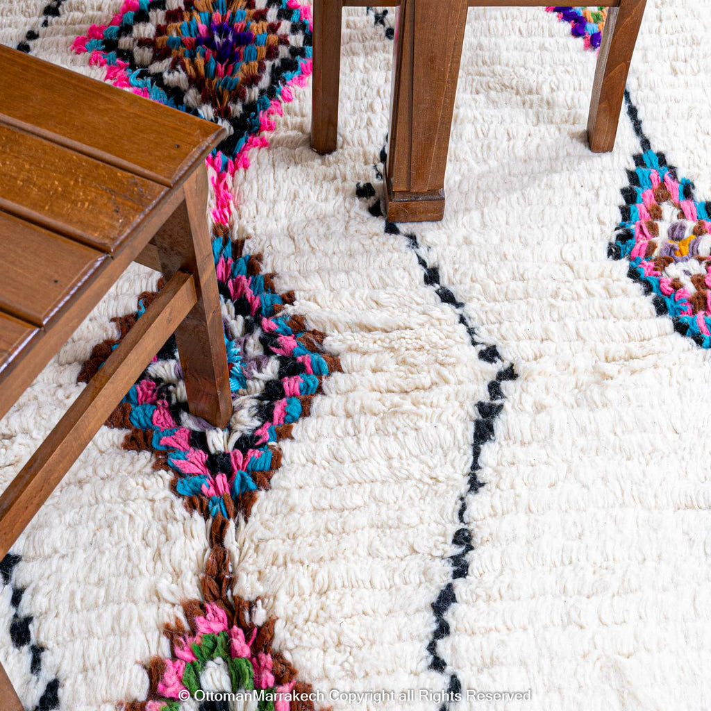 White Moroccan Wool Rug with Colorful Checkered Diamond and Plant Motifs