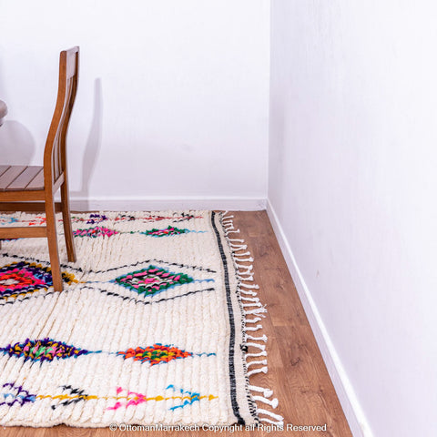 White Moroccan Wool Rug with Colorful Checkered Diamond and Plant Motifs