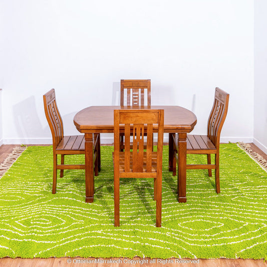 Bright Green Moroccan Rug with Tree Trunk-Inspired White Patterns