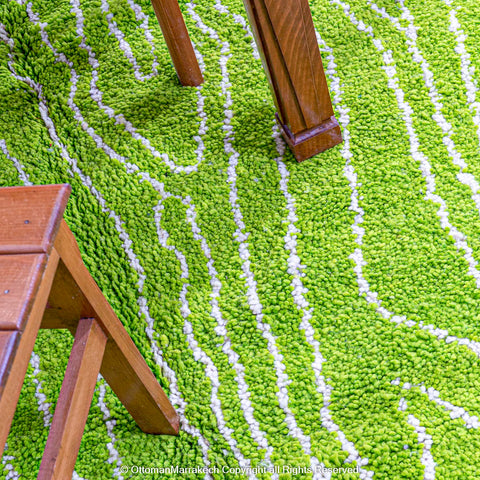 Bright Green Moroccan Rug with Tree Trunk-Inspired White Patterns