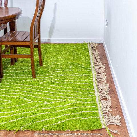 Bright Green Moroccan Rug with Tree Trunk-Inspired White Patterns