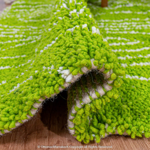 Bright Green Moroccan Rug with Tree Trunk-Inspired White Patterns