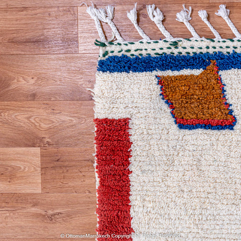 Abstract Moroccan Wool Rug with Blue, Green, and Red Geometric Patterns