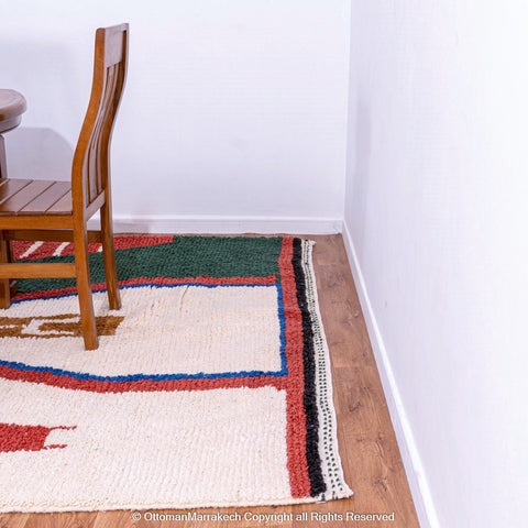 Abstract Moroccan Wool Rug with Blue, Green, and Red Geometric Patterns