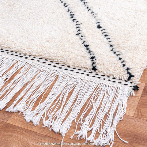 White Beni Ourain Moroccan Rug with Black Tribal Lines - Handwoven Atlas Mountain Design