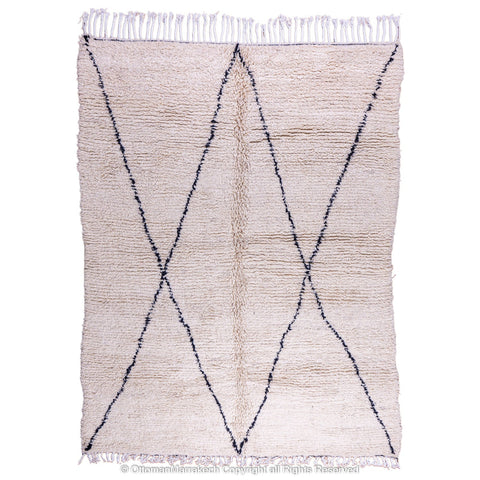 Natural White Beni Ourain Moroccan Wool Rug with Minimalist Black Diamond Design