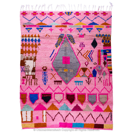 Pink Berber Beni Ourain Wool Rug with Unique Tribal Motifs