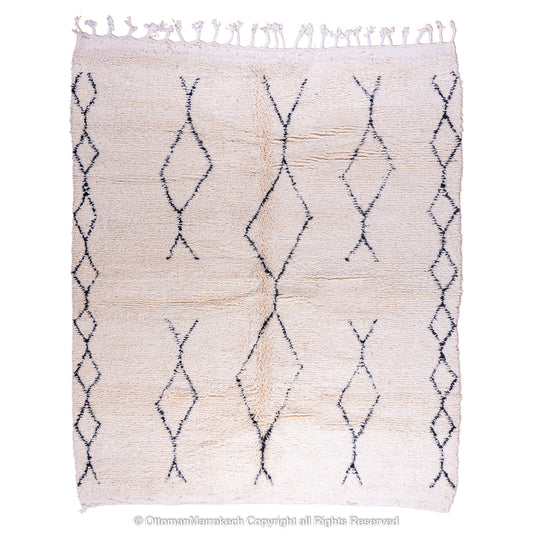 Minimalist Beni Ourain Moroccan Rug with Black Diamond Patterns on Ivory Wool