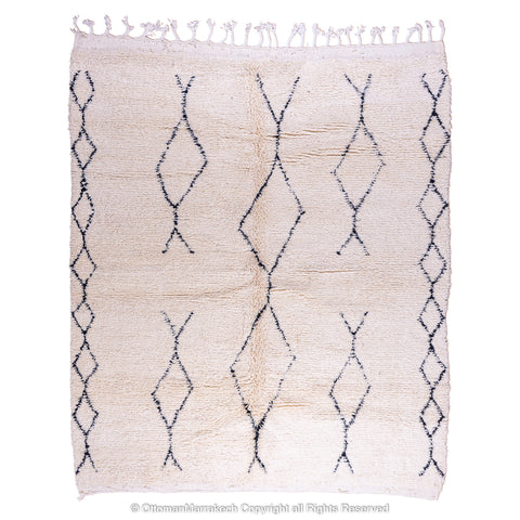 Minimalist Beni Ourain Moroccan Rug with Black Diamond Patterns on Ivory Wool