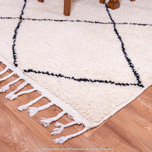 Load image into Gallery viewer, Bohemian Beige Sandstone Diamond Rug – Handwoven with Symmetrical Black Lined Diamond Pattern