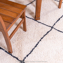 Load image into Gallery viewer, Bohemian Beige Sandstone Diamond Rug – Handwoven with Symmetrical Black Lined Diamond Pattern