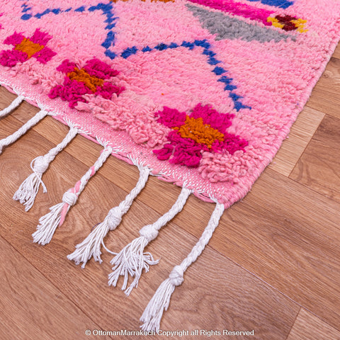 Pink Berber Beni Ourain Wool Rug with Unique Tribal Motifs