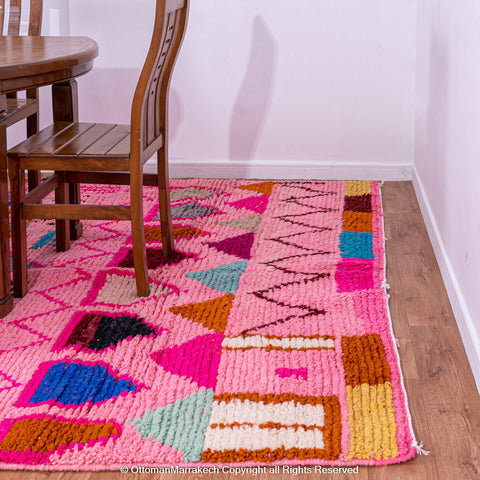 Pink Berber Beni Ourain Wool Rug with Unique Tribal Motifs