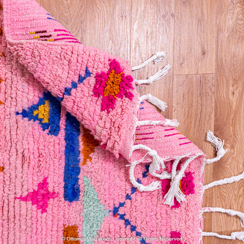 Pink Berber Beni Ourain Wool Rug with Unique Tribal Motifs