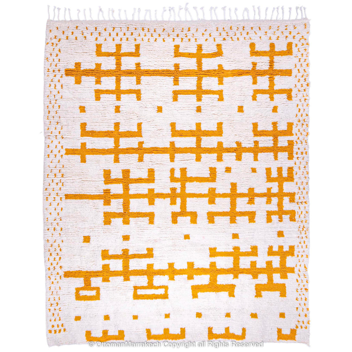 White Berber Rug with Geometric Saffron-Hued Patterns